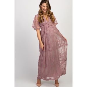 PinkBlush Mauve Lace Mesh Overlay Maternity Maxi Dress Size 1X NWT